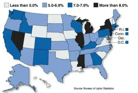 美国不同地区退伍军人2013年月平均失业率分布图