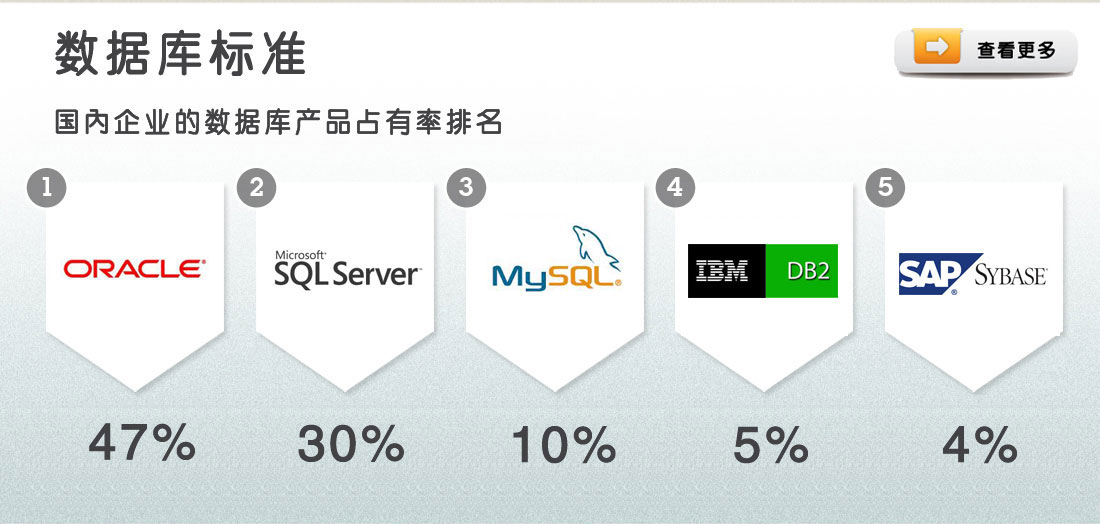 根据调查报告数据显示，目前国内企业的数据库产品占有率排名是：Oracle，SQL Server，MySQL，IBM，SAP。